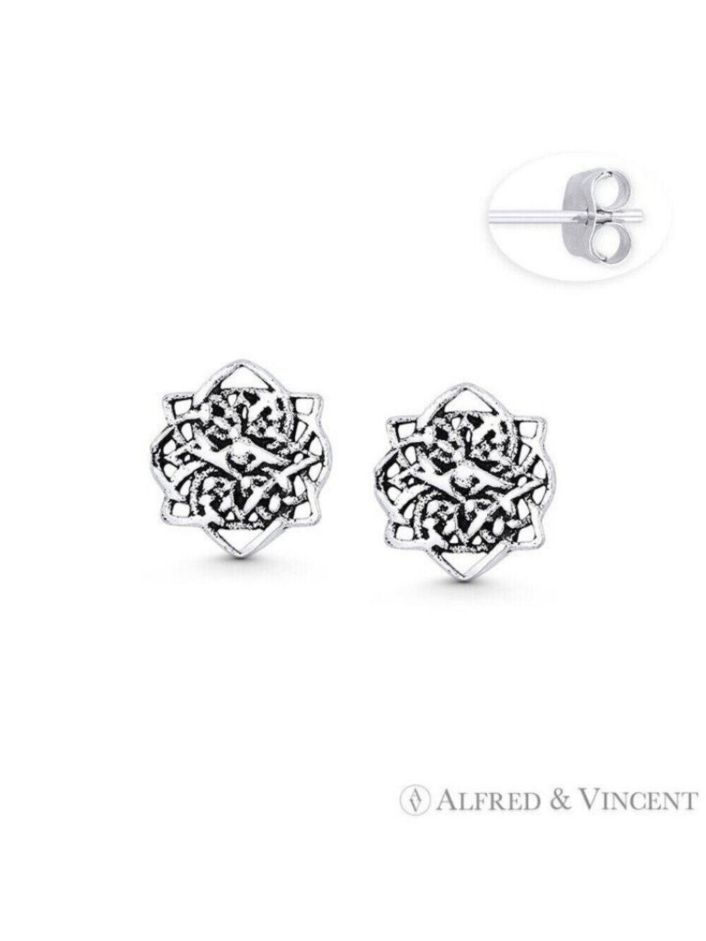 Celtic Flower Irish Charm Stud Earrings in Oxidized .925 Sterling Silver